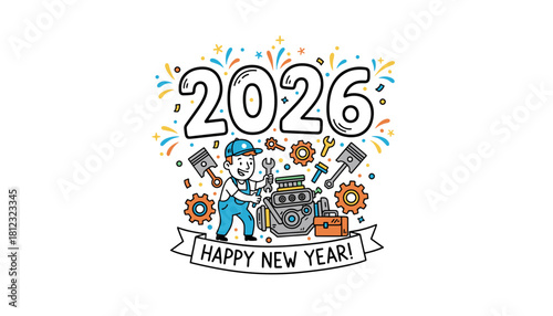 2026 New Year celebration illustration for mechanics auto repair and automotive business industry