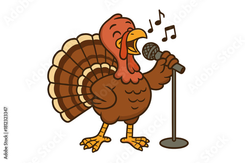 Cartoon turkey character singing into a microphone stand with musical notes