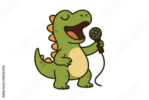 Happy cartoon dinosaur singing loudly into a microphone during a musical performance
