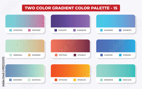 Collection of nine twocolor gradient color palettes with hex codes