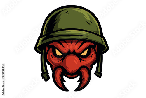 Angry creature mascot head with glowing eyes and military combat helmet