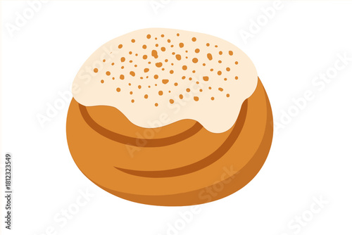 Delicious freshly baked cinnamon roll topped with sweet white frosting and sprinkles