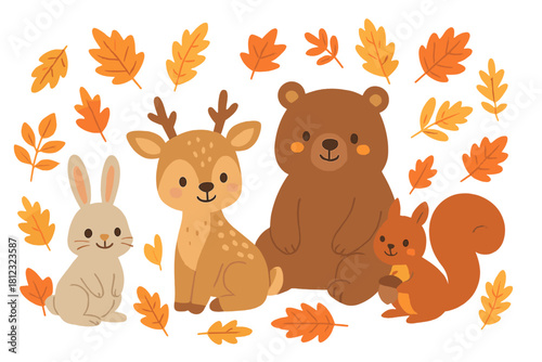 Cute woodland animals including bear, deer, rabbit, and squirrel with colorful autumn leaves