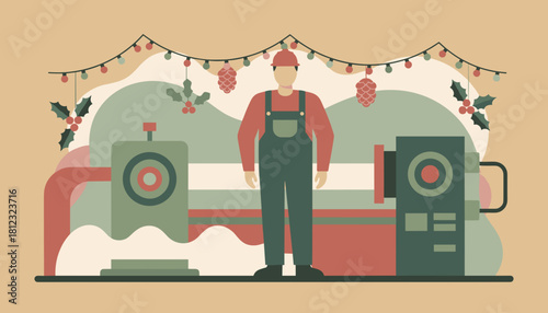 Factory worker stands with production machines decorated for the winter holidays