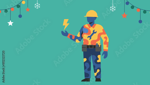 Skilled technician holding power symbol against a festive holiday background
