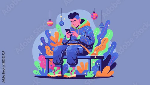 Young man uses smartphone on bench in a modern vibrant setting with decorative plants and hanging ornaments