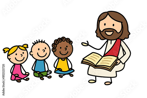 Happy Jesus figure reading an open book to a small group of diverse smiling kids
