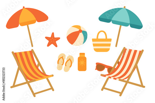 Beach vacation essentials set with umbrellas, chairs, ball, sunglasses, and sunscreen