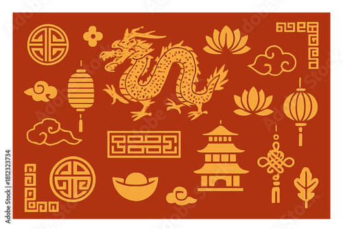 Auspicious Chinese cultural symbols set featuring dragon, lanterns, lotus, and pagoda