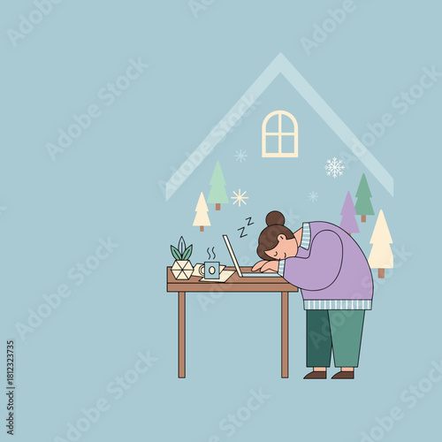 A woman exhausted from winter remote work sleeps on her laptop at a home office desk
