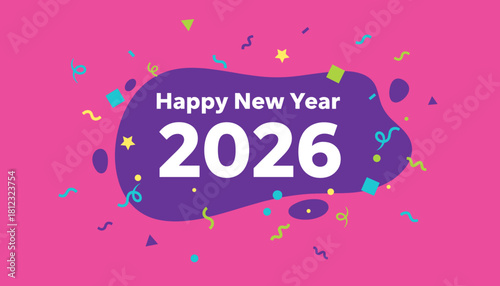 Happy New Year 2026 banner with vibrant colors confetti and streamers Celebration design