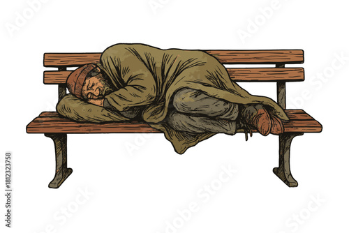 Person experiencing homelessness sleeping on a public park bench wrapped in a heavy blanket