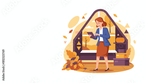 Professional woman uses tablet in an autumnal setting managing seasonal tasks or ecommerce operations