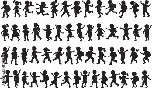 PrintA large collection of diverse children silhouettes running, jumping, and walking with backpacks, representing childhood, school, active play, and back-to-school themes.