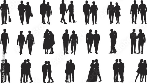 PrintA diverse collection of couples silhouettes, including walking, hugging, and intimate poses for men, women, and same-sex partners, representing love, relationships, and diversity.