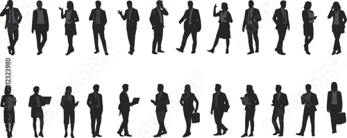 PrintA large diverse set of business people silhouettes, including men and women in suits, engaged in walking, using phones, and holding documents, representing corporate life and professionalism.