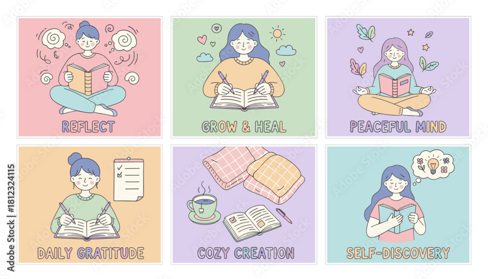 Fototapeta premium Pastel illustration set for mental wellness reflection selfdiscovery gratitude journaling and peace