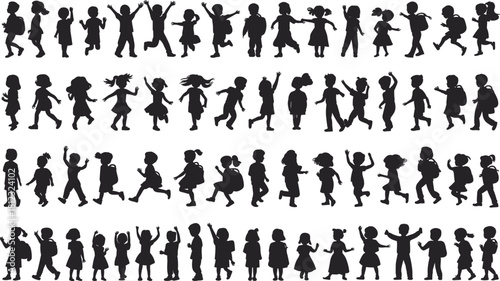 A massive diverse collection of children silhouettes running, jumping, playing, and walking in various dynamic poses, representing childhood, school, and active lifestyle.