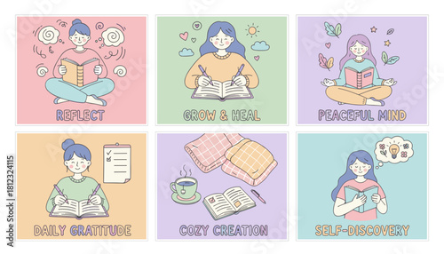 Pastel illustration set for mental wellness reflection selfdiscovery gratitude journaling and peace