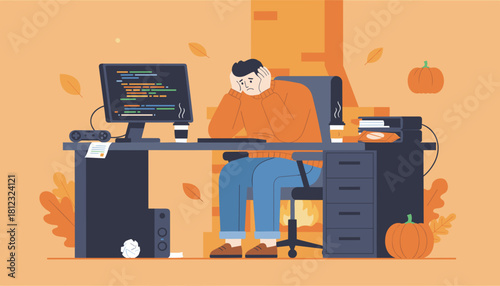 Stressed worker suffering from burnout while coding remotely in a warm fall environment