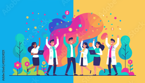 Successful healthcare team celebrates achievement with joy and falling money
