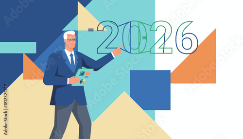 Professional businessman plans 2026 strategy pointing to the future year with charts