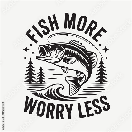 Illustration shows fish with fishing rod, trees, and wave, urging people to worry less