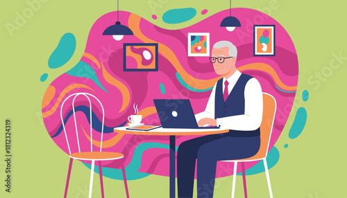 Senior businessman working remotely on a laptop in a vibrant colorful cafe or creative workspace