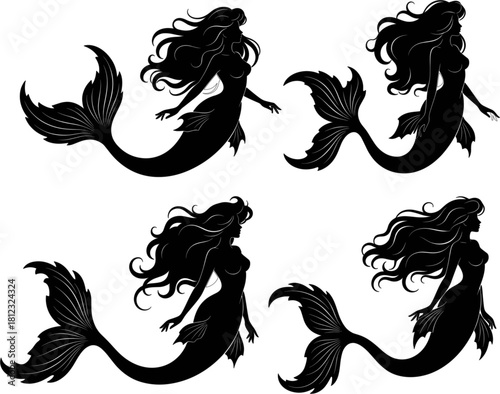 A collection of mermaid silhouettes, each with flowing hair and intricate tails, capturing the allure and mystery of these enchanting beings, isolated on