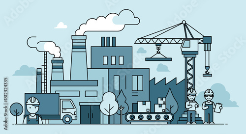 Factory and construction site with production line logistics and industrial workers