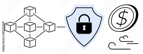 Blockchain network connects to a shield with a lock symbol, symbolizing security, and a coin representing digital currency. Ideal for blockchain, cryptocurrency, cybersecurity, fintech, technology