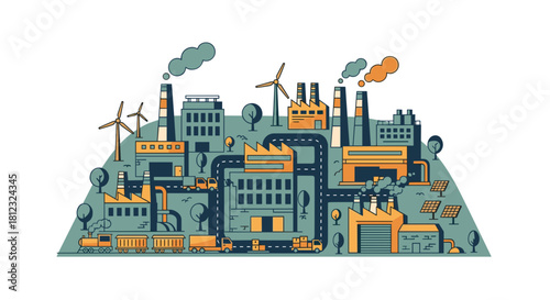 Industrial city illustration with factories renewable energy and transport infrastructure