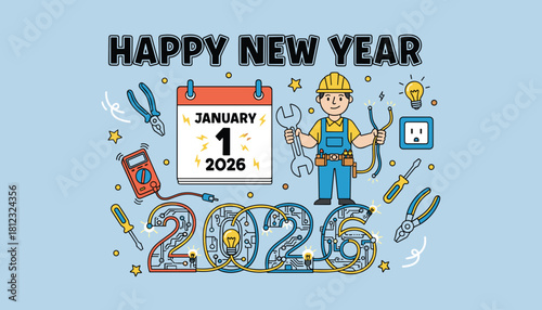 Happy New Year 2026 greeting card with an electrician calendar and circuit board numbers