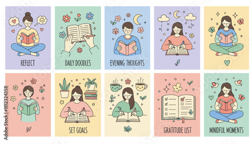 Collection of selfcare and mindfulness illustrations journaling reading reflection setting goals and gratitude