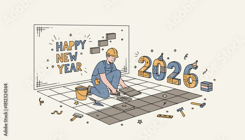 Construction worker builds the future laying tiles for Happy New Year 2026