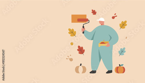 Autumn renovation illustration Worker painting wall with seasonal colors and falling leaves