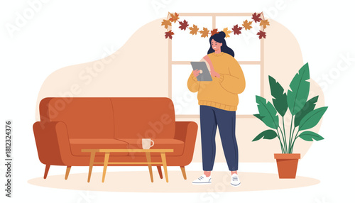 Cozy autumn flat illustration Woman uses tablet indoors near sofa and plant