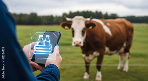 Farmer uses a smartphone app to monitor milk production from a cow in a green pasture showcasing modern agriculture technology and dairy farming practices for efficient farm management and sustainabil