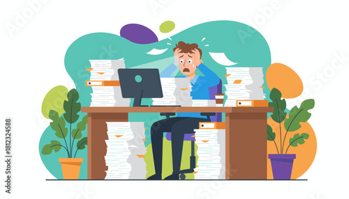 Stressed worker buried under mountains of paperwork struggling with bureaucracy and burnout