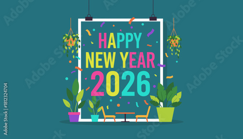 Colorful Happy New Year 2026 greeting poster vector illustration with confetti and modern plants