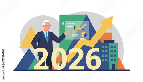 2026 Business forecast Executive pointing at graph showing financial growth and strategy for success