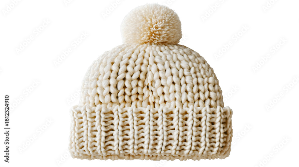 Fototapeta premium A white wool winter hat, a knitted beanie with a pompom, a warm headwear for snow, a soft fashion accessory, a handmade clothing object for cold days.