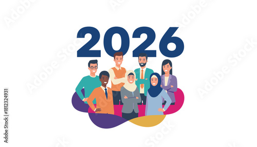 Diverse business team stands under 2026 representing future vision success and teamwork