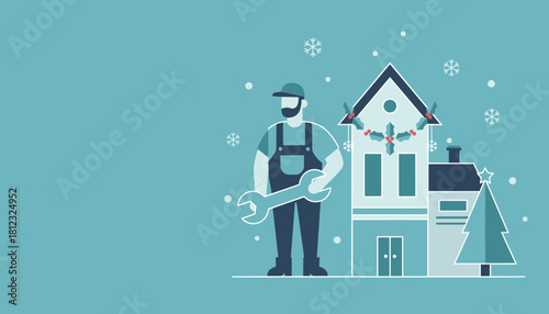 Professional handyman with wrench offers home repair service during the winter holiday season