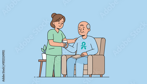 Compassionate home caregiver assists senior man with medicine and health support