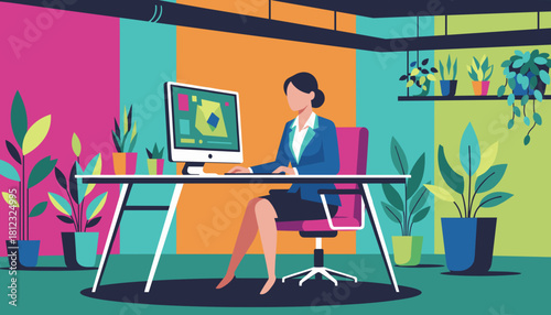 Professional woman works at a computer in a vibrant plantfilled modern office