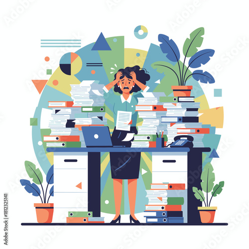 Stressed office worker overwhelmed by huge piles of documents and excessive workload