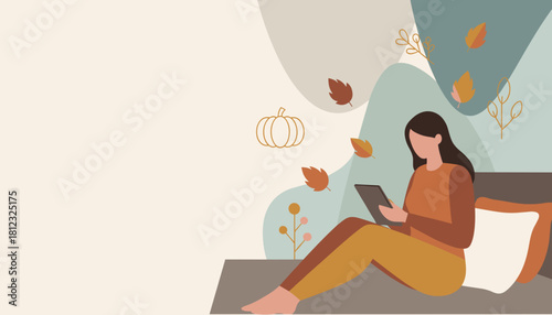 Cozy autumn relaxation Woman using digital tablet in bed with fall leaves background