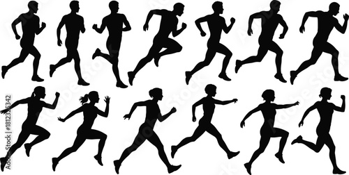 PrintA vector set of running man and woman silhouettes in various dynamic sprinting, jogging, and exercising poses, representing fitness, marathon, and healthy lifestyle.