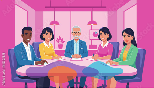 Diverse team meeting in a vibrant stylized conference room Collaboration and business concept